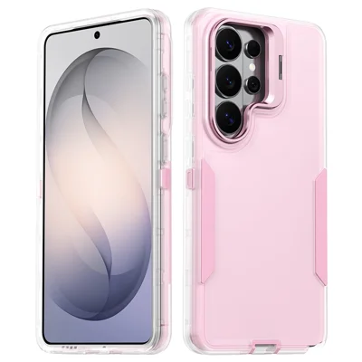 For Samsung Galaxy S24 Ultra Case TPU + PC Hybrid Phone Cover with Alloy Lens Frame Kickstand - Transparent  /  Pink