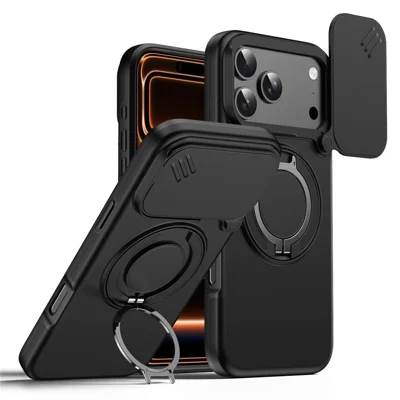 For iPhone 18 Pro / 17 Pro Magnetic Case Ring Kickstand Slide Camera Cover TPU PC Hybrid Phone Shell - Black