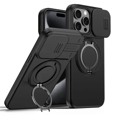 For iPhone 15 Pro Max Magnetic Case Ring Kickstand Slide Camera Cover TPU PC Hybrid Phone Shell - Black