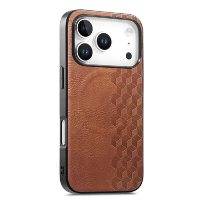 For iPhone 17 Pro Max Magnetic Phone Case with Grid Pattern Protective PU Leather + PC Cover - Brown