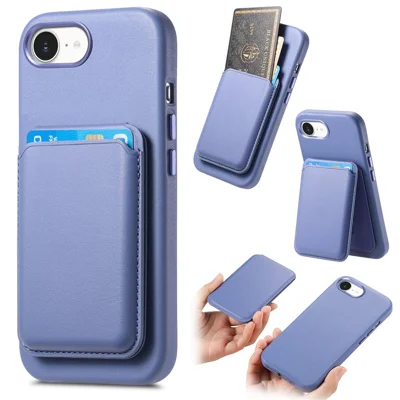 Hoesje voor iPhone 17e / 16e, afneembare kaarthouder van leer+TPU met metalen knoppen - lichtblauw