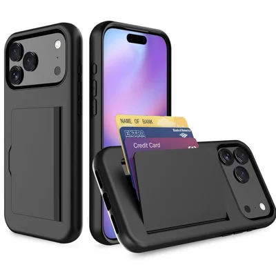 Bulk-køb til iPhone 17 Pro Max hylster med flip, kortbænke, kickstand og kontrastfarvet TPU + PC stødfast telefonhylster - Sort