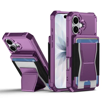 For iPhone 17 Case Elastic Band Card Holder Leather + TPU Kickstand Phone Cover - Purple