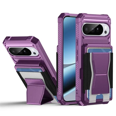 For Google Pixel 9 Pro XL Case Elastic Band Card Holder Leather + TPU Kickstand Phone Cover - Purple