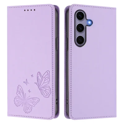 For Samsung Galaxy S24 / Galaxy S25 Wallet Case RFID Blocking Butterfly Imprinted Magnetic Flip Leather Cover - Light Purple