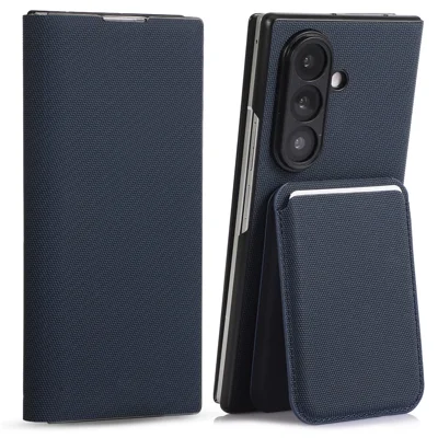 For Samsung Galaxy Z Fold7 5G Magnetic Case with Detachable Card Holder Kickstand PC Tech Fabric Flip Cover - Sapphire