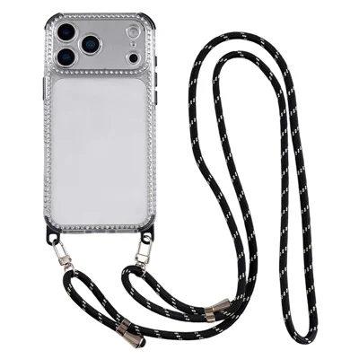 Custodia trasparente per iPhone 17 Pro Max con cinturino lungo 70-140 cm, decorazione con strass, cover antigoccia in PC TPU - Nero