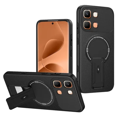 Coque de téléphone pour Infinix Note Edge 5G, texture en fibre de carbone, coque en PC + TPU avec support intégré - Noir