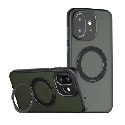 For OnePlus 15T 5G Matte Skin-touch Magnetic Case 360° Rotating Kickstand Shockproof TPU + PC Phone Cover - Transparent Black