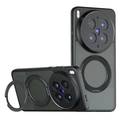 For vivo X300 Ultra 5G Matte Skin-touch Magnetic Case 360° Rotating Kickstand Shockproof TPU + PC Phone Cover - Transparent Black