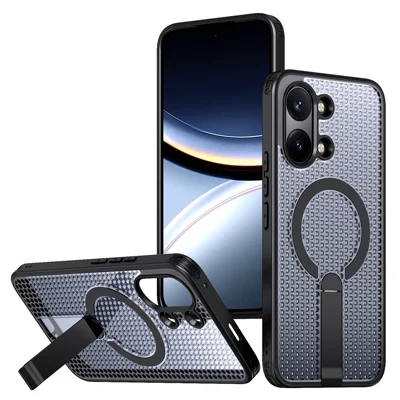 Magnetic Case for Xiaomi Redmi Turbo 5 Max 5G  /  Poco X8 Pro Max 5G Kickstand Grid Texture TPU PC Phone Back Cover - Black