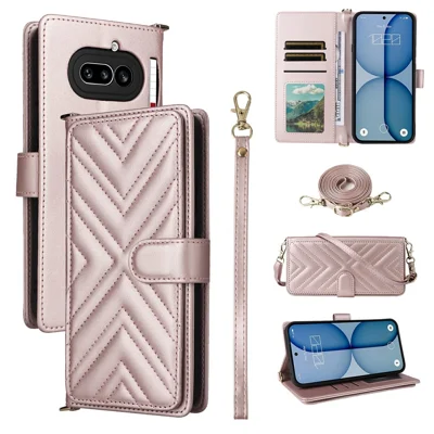 For Nothing Phone (4a) Leather Case Stand Wallet Phone Cover with Shoulder  /  Wrist Strap - Pink