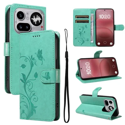 For Nothing Phone (4a) Pro PU Leather Cases Flower Pattern Wallet Stand Phone Cover with Strap - Green