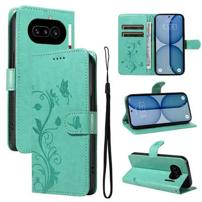 For Nothing Phone (4a) PU Leather Cases Flower Pattern Wallet Stand Phone Cover with Strap - Green