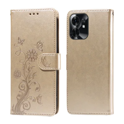 For Honor Play 60A 5G / Honor X6d 5G Leather Case Butterfly Floral Imprint Wallet Stand Cover - Golden