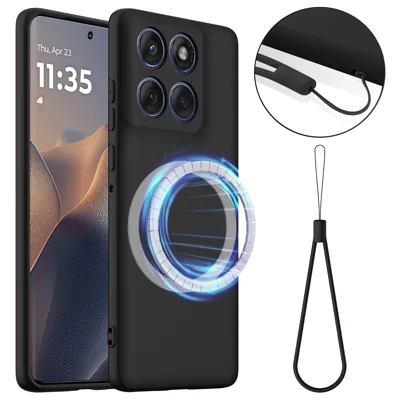 Magnetic Case for Motorola Moto G Max 5G / G87 5G / G77 5G / G67 5G Anti-Drop Liquid Silicone Phone Cover with Lanyard - Black
