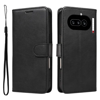 Voor Nothing Phone (4a) Lederen Wallet Case met Strap Effen Kleur Telefoonstandaard Cover - Zwart