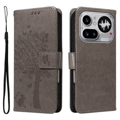 For Nothing Phone (4a) Pro Phone Case with Stand Cat Tree Pattern Leather Wallet Mobile Cover - Grey