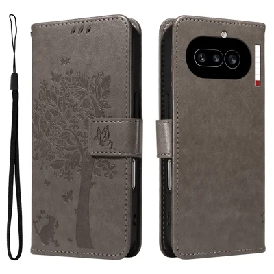 Capa para Telemóvel Nothing Phone (4a) com Suporte, Estampado de Gato e Árvore, Carteira em Pele - Cinzento