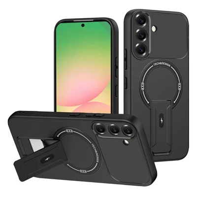 Case For Samsung Galaxy A56 5G  /  A36 5G Skin Touch Kickstand PC + TPU Phone Cover Support Magnetic Car Mount - Black