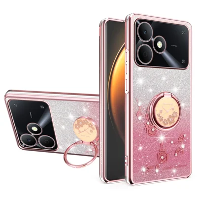 KADEM Coque de téléphone pour Realme Note 80 4G, support à anneau rotatif, fleurs en TPU, finition paillettes dégradée - Rose
