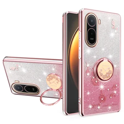 KADEM Phone Case for Xiaomi Poco C85x 5G / Redmi A7 Pro 4G (171.56mm) / Redmi A7 Pro 5G Ring Kickstand TPU Flowers Phone Cover Gradient Glitter - Pink