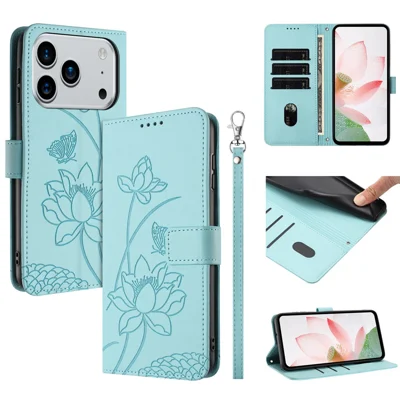 Compra al por mayor para carcasa con billetera para iPhone 17 Pro Max, funda abatible de cuero con estampado de loto y correa de muñeca - Verde