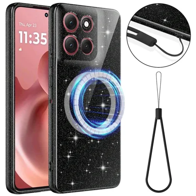 Magnetic Case For Motorola Moto G17 Power 4G / G17 4G / G15 4G / G15 Power 4G Glitter TPU Shockproof Phone Cover with Lanyard - Black