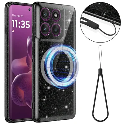 Magnetic Case For Motorola Moto G Max 5G / G87 5G / G77 5G / G67 5G Glitter TPU Shockproof Phone Cover with Lanyard - Black
