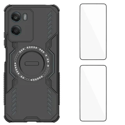 Custodia Magnetica per Motorola Moto G06 Power 4G / Motorola Moto G06 4G WANLONFENG Serie DJ Cover per Telefono in PC TPU con 2 Pellicole in Vetro Temperato - Nero