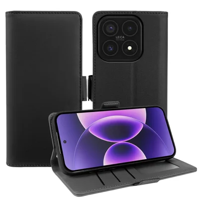 Etui skórzane z portfelem i podstawką na Xiaomi 17, pokrowiec dotykowy TPU + PU - Czarny