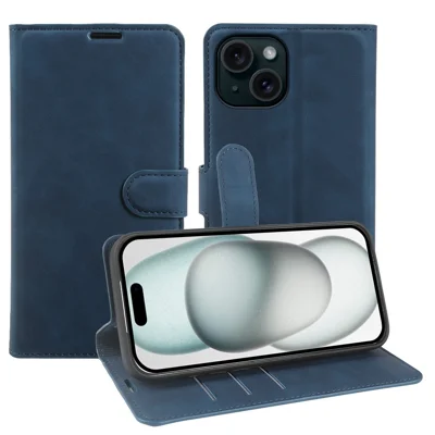 For iPhone 15 Plus Wallet Stand Case Card Slots Skin-feel TPU + PU Leather Flip Cover - Blue