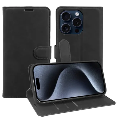 For iPhone 15 Pro Max Wallet Stand Case Card Slots Skin-feel TPU + PU Leather Flip Cover - Black