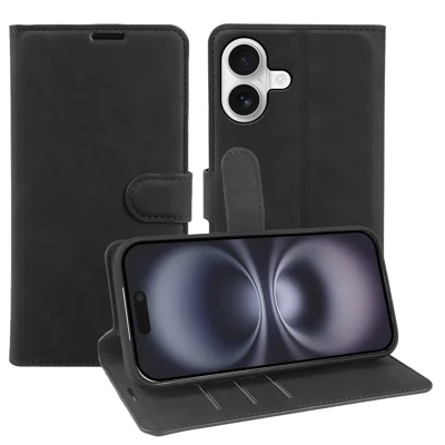 For iPhone 16 Wallet Stand Case Card Slots Skin-feel TPU + PU Leather Flip Cover - Black