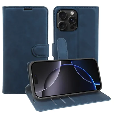 For iPhone 16 Pro Max Wallet Stand Case Card Slots Skin-feel TPU + PU Leather Flip Cover - Blue