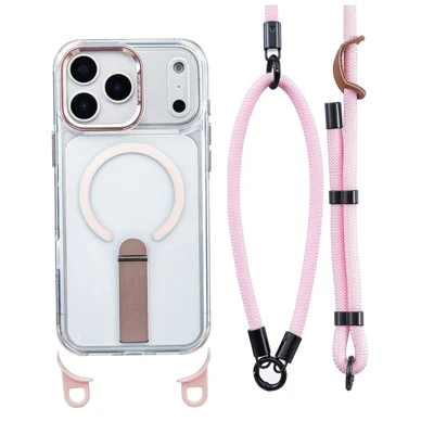 Magnetische Hoes voor iPhone 17 Pro Max met Standa en 3-in-1 8mm 220cm Lengte Strap PC TPU Telefoonhoes - Roze
