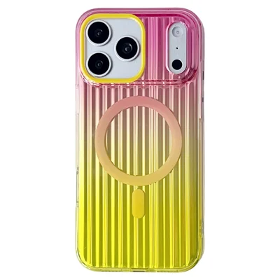 For iPhone 17 Pro Magnetic Case Multicolor Gradient Stripe TPU PC Shockproof Cover Compatible with Magsafe - Gradient Pink Yellow