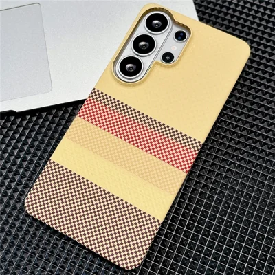 For Samsung Galaxy S24 Ultra Magnetic Case Striped Textile Pattern Skin-touch PC Cover - Yellow Stripe