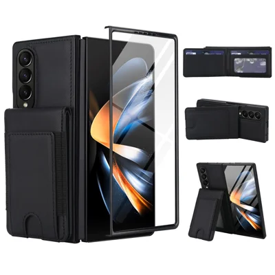 For Samsung Galaxy Z Fold3 5G Case Card Bag Kickstand Leather + PC Phone Cover with HD Screen Protector - Black