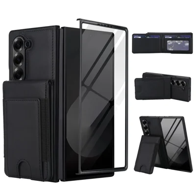 For Samsung Galaxy Z Fold5 5G Case Card Bag Kickstand Leather + PC Phone Cover with HD Screen Protector - Black