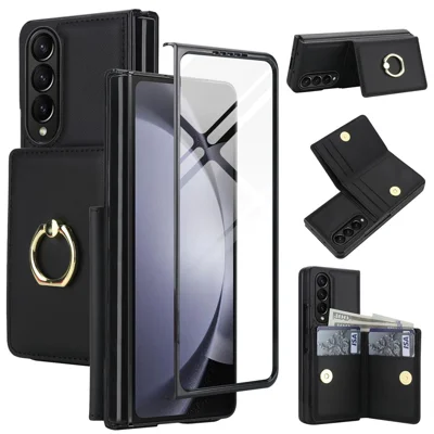 For Samsung Galaxy Z Fold4 5G Wallet Case Ring Holder PC PU Flip Phone Cover with HD Screen Protector - Black