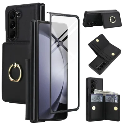 For Samsung Galaxy Z Fold5 5G Wallet Case Ring Holder PC PU Flip Phone Cover with HD Screen Protector - Black
