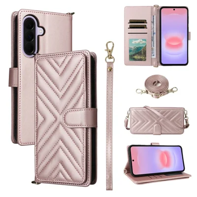 For Samsung Galaxy A57 5G Leather Case Stand Wallet Phone Cover with Shoulder  /  Wrist Strap - Pink