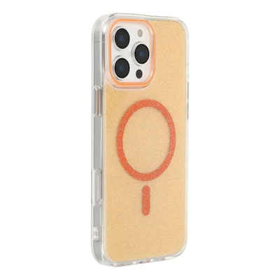 Coque magnétique pour iPhone 16 Pro, coque de protection transparente avec paillettes PC TPU - Orange