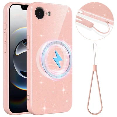 For iPhone 16e  /  17e Magnetic Case Glitter TPU Shockproof Phone Cover with Lanyard - Pink