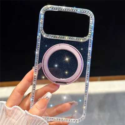 For iPhone 18 Pro / 17 Pro Case Rhinestone Edge Glitter TPU + PC IMD Phone Cover with 360° Magnetic Ring Stand - Glitter Transparent