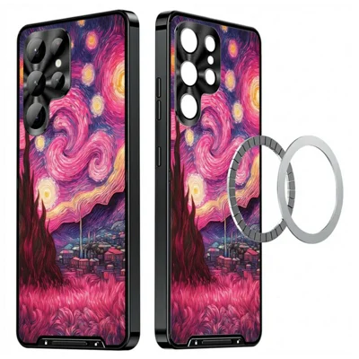 For Samsung Galaxy S24 Ultra Magnetic Case Artistic Paint Metal PC TPU Phone Cover with Lens Protector - Pink Purple Nebula