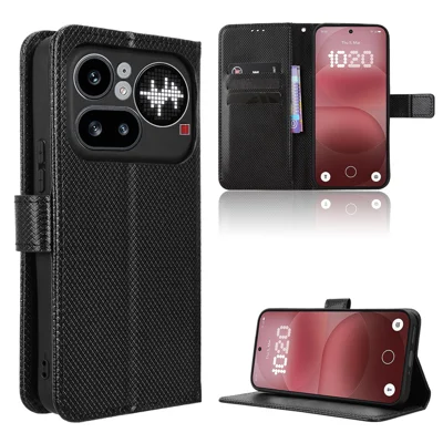 Voor Nothing Phone (4a) Pro Leren Wallet Case met Strap Diamantstructuur Telefoonhoes - Zwart