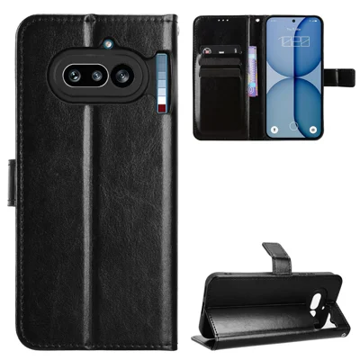 Voor Nothing Phone (4a) PU Leather Case met Strap Crazy Horse Texture Telefoonportemonnee Cover - Zwart