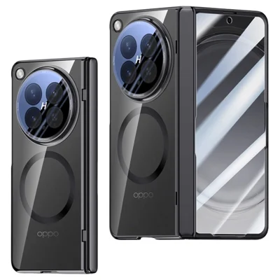 غطاء مغناطيسي لهاتف Oppo Find N6 5G من مادة البولي كربونات الصلبة + أكريليك مع واقي شاشة عالي الوضوح - أسود